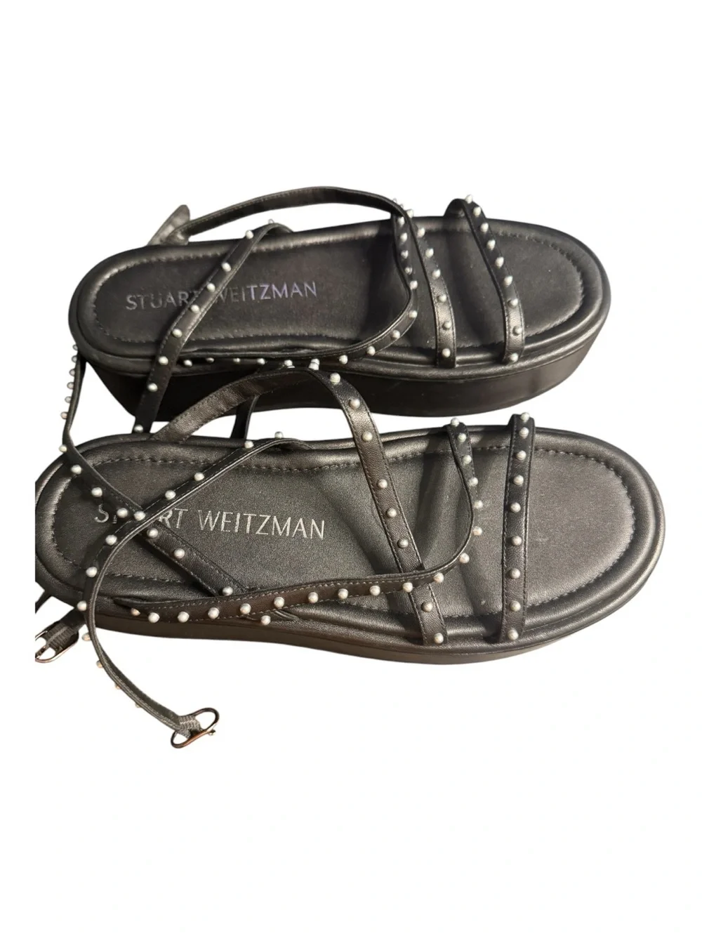 Stuart Weitzman Summerlift Black Faux Pearl Platform Sandals Size 8.5